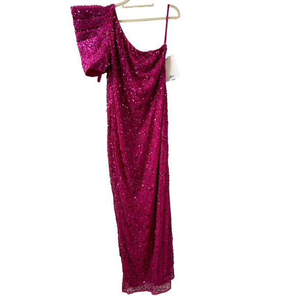 Mac Duggal Hot Pink Beaded Sequined Puff Sleeve One Shoulder Gown Dress Size 10 - Picture 4 of 16